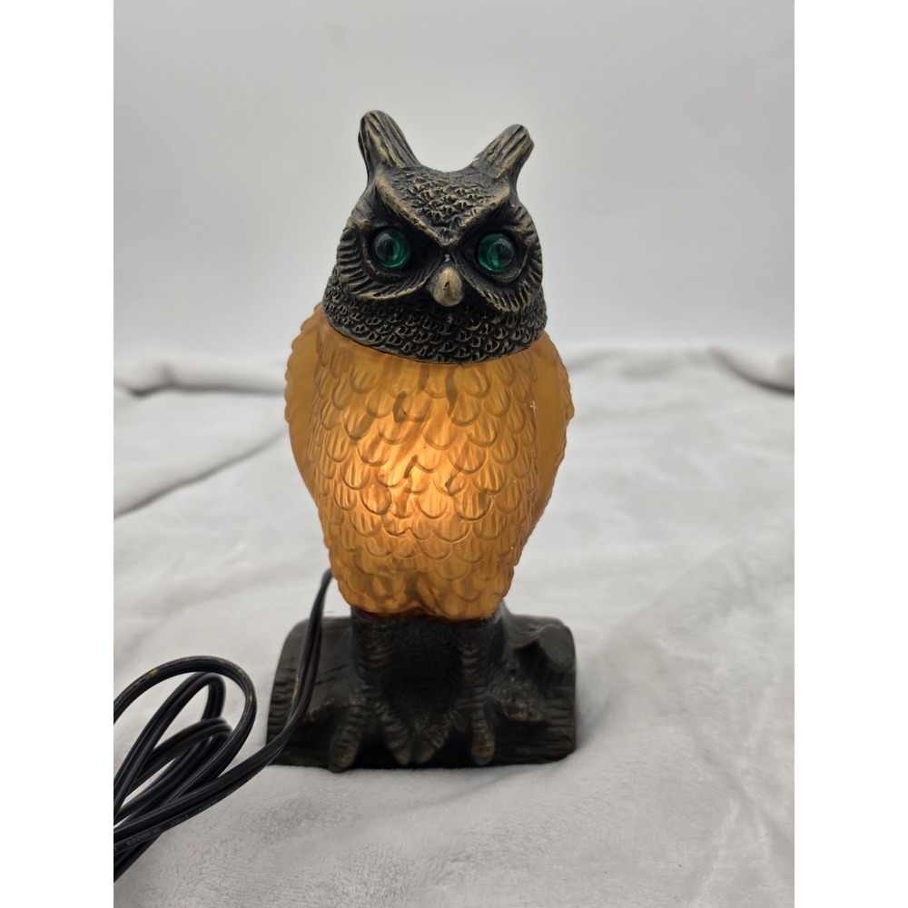 Vtg Tin Chi 1996 Owl Table Accent Lamp Amber Glass Andrea Sadek Working